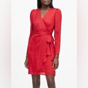 Banana Republic Ultra Red Puff Sleeve Wrap Dress